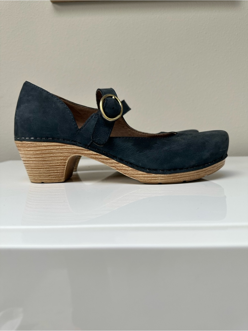 Dansko Navy Suede Mary Jane Clog with Wood-Look Heel